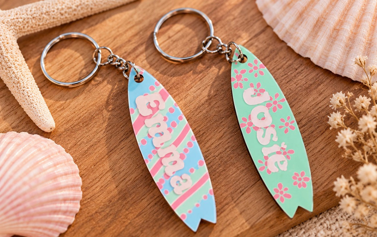 Personalised Surfboard Keyring | Engraved & Hand Painted Wooden Keychain