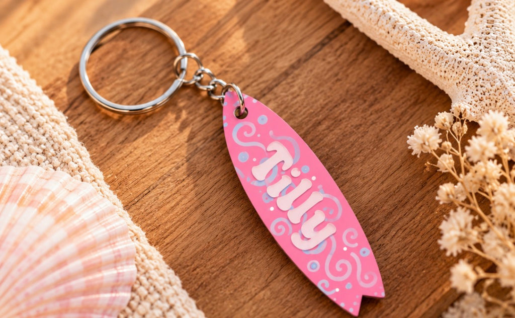Personalised Surfboard Keyring | Engraved & Hand Painted Wooden Keychain