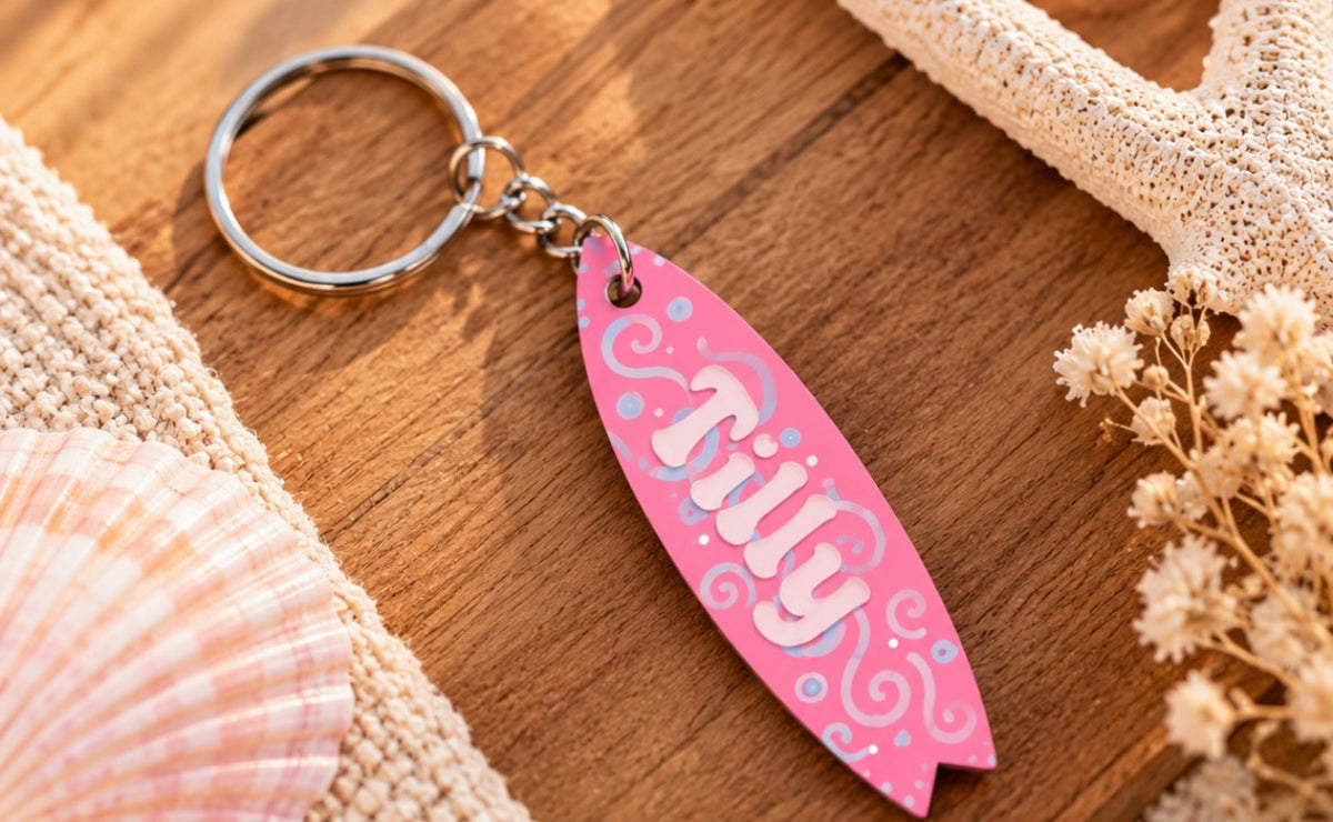 Personalised Surfboard Keyring | Engraved & Hand Painted Wooden Keychain