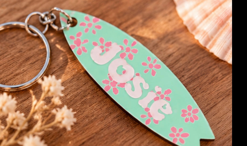Personalised Surfboard Keyring | Engraved & Hand Painted Wooden Keychain