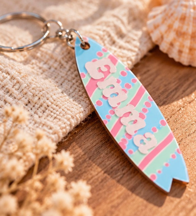 Personalised Surfboard Keyring | Engraved & Hand Painted Wooden Keychain